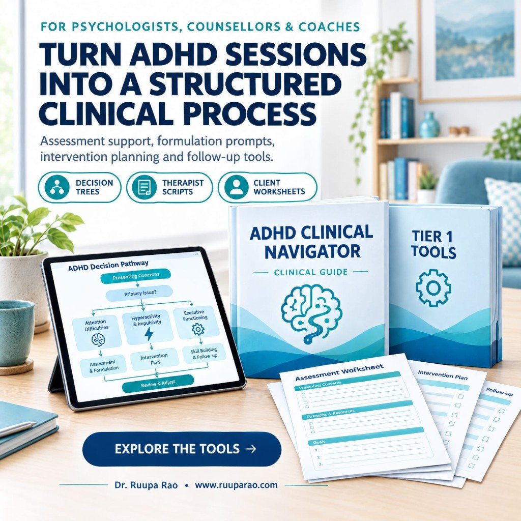ADHD Clinical Navigator mockup with decision pathway tablet, clinical guide and assessment worksheets
